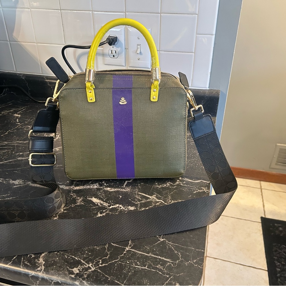 Orla Kiely Olive and Yellow Satchel with Purple Stripe - Picture 2 of 6